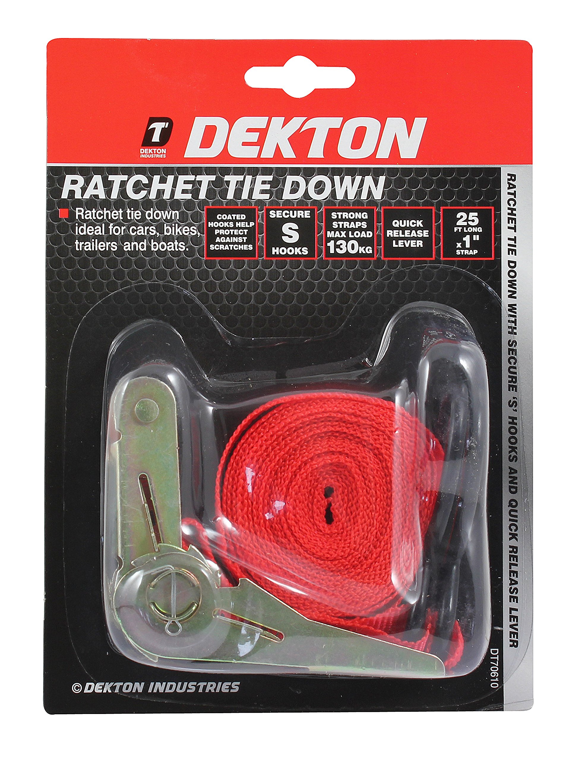 Dekton Ratchet Tie Down - 25ft Long, 1" Strap, Ideal for Cars, Bikes, Trailers & Boats, Secure S Hooks with Scratch-Resistant Coating, Strong Straps with 130KG Max Load, Quick Release Lever