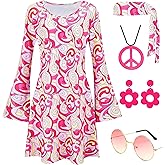 Hippie Costume for Women 60s 70s Disco Dress Outfits Peace Sign Necklace Earrings Sunglass Accessories Set