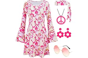 CORESPE Hippie Costume for Women 60s 70s Disco Dress Outfits Peace Sign Necklace Earrings Sunglass Accessories Set