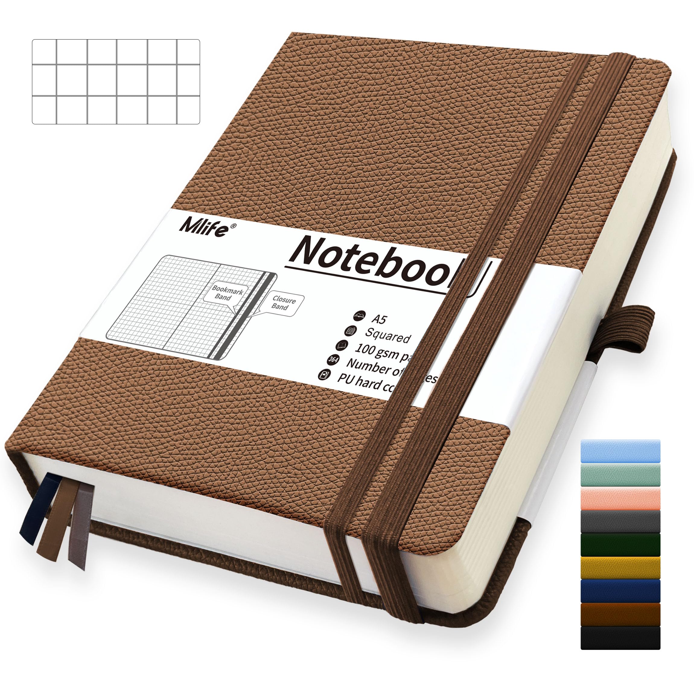 Mlife A5 Graph Paper Notebook,360 Pages Thickened Squared Notebook,Premium 100g/M² Ink Resistant Paper Thick,Pu Hard Cover Grid Notebook,Inside Pocket,Elastic Banded,Grid Paper for Writing(Brown) — image 1