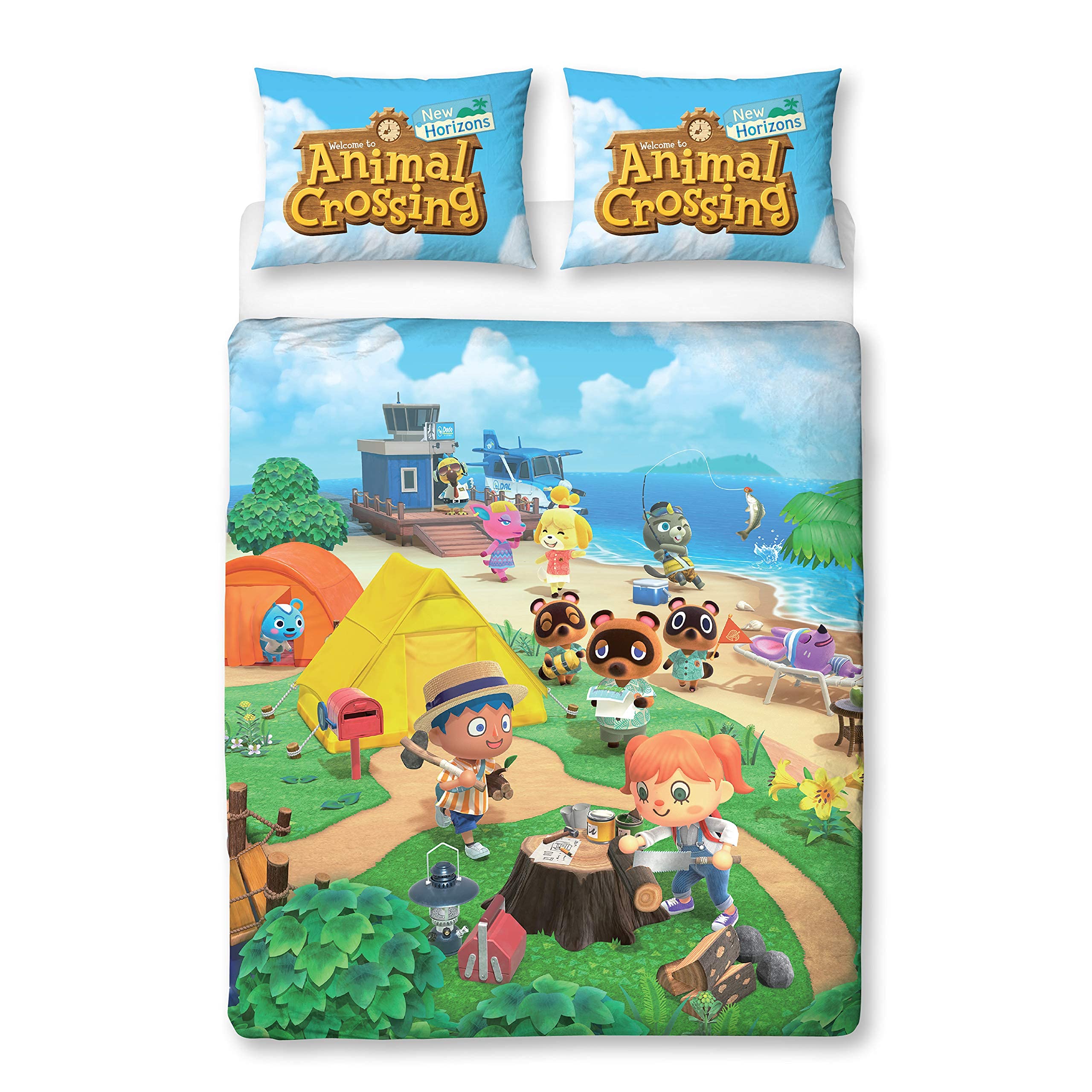 Animal Crossing Official Double Duvet Cover | Reversible Two Sided Beach Design | Polycotton Fun Bedding with Matching Pillow Case, Multi Coloured, 200 x 135cm (Double Duvet)