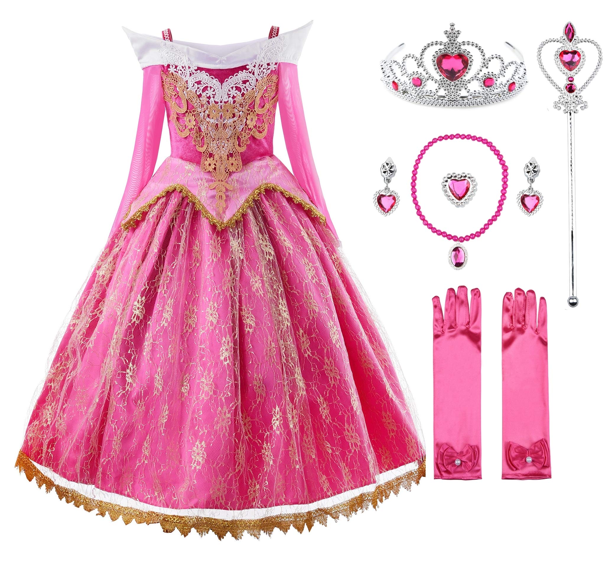 Photo 1 of JerrisApparel Girls Pink Princess Costume Halloween Cosplay Party Dress up (Pink with Accessories, 5)