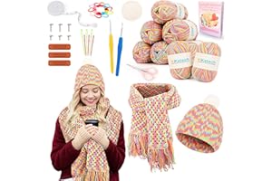 Katech Crochet Kit for Beginners-Crochet Kit for Adults Learn to Crochet Granny Square Scarf Beanie Hat, Complete Set for Crocheting Scarf w/Step-by-Step Instructions 6 Blend Yarn-Macaron