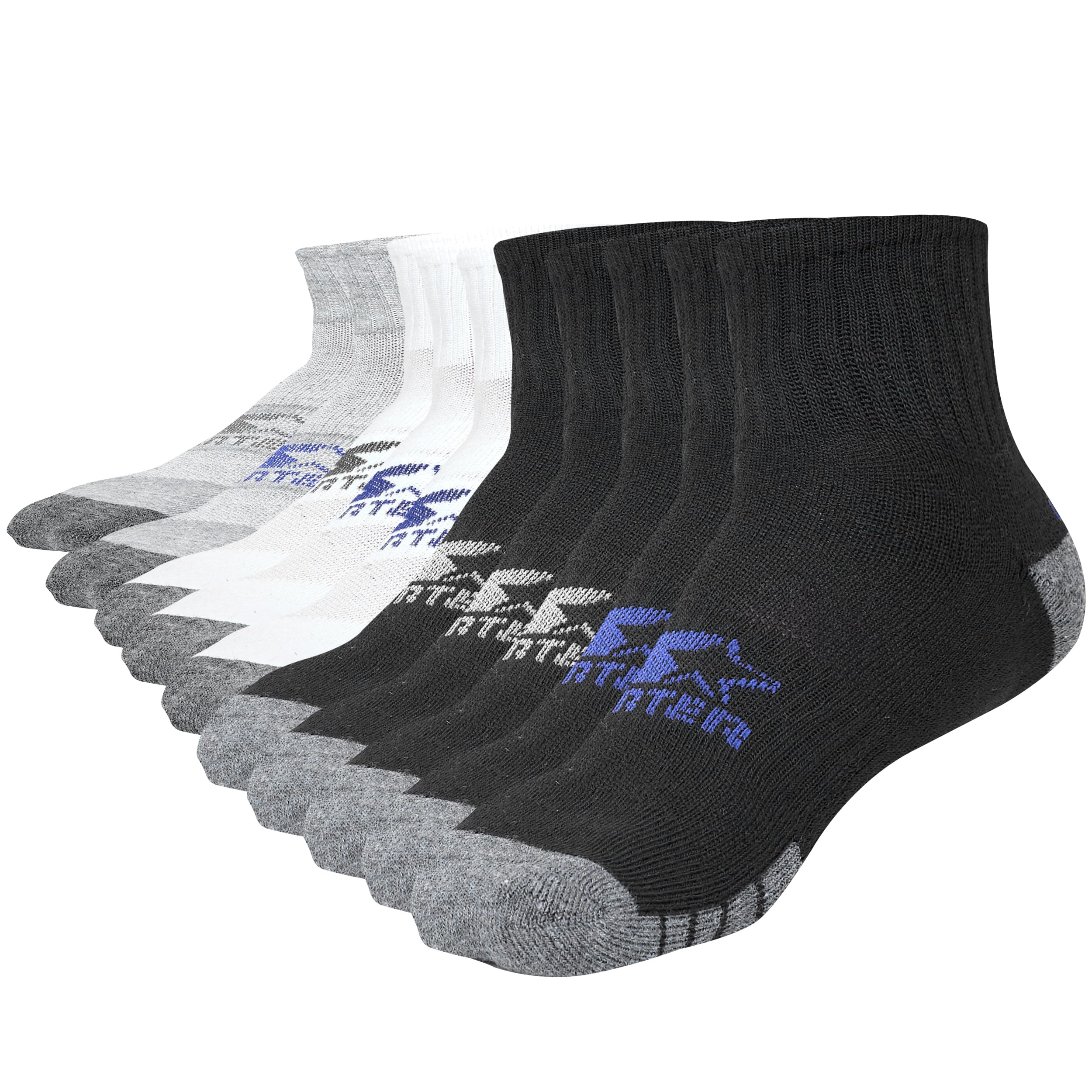 STARTER Men's 10 Pack Half Cushion Quarters Socks (Black/White/Grey, 6-12)
