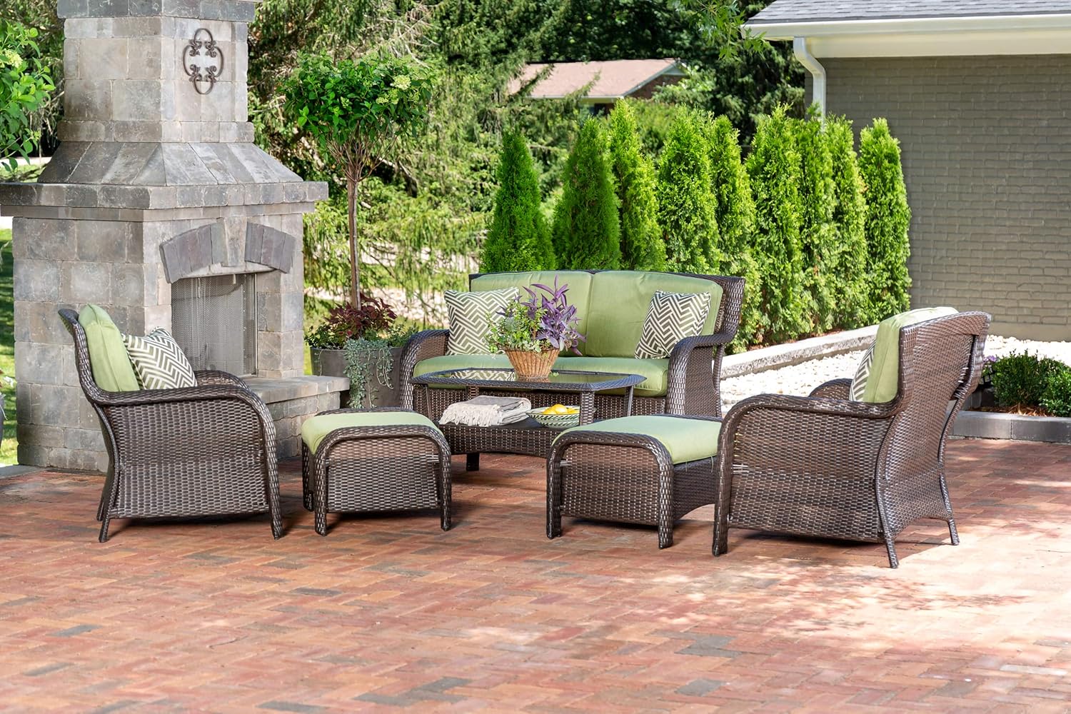 Hanover Strathmere 6-Piece Outdoor Patio Conversation Set, 2 Side Chairs with Ottomans, Loveseat and Tempered Glass Coffee Table, with Hand-Woven Wicker and Thick Cilantro Green Cushions, STRATHMERE6PC : Patio Loveseats : Garden & Outdoor