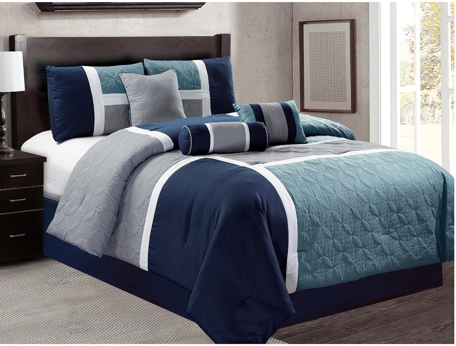 Luxlen 7 Piece Bedding Set, Comforter, Blue Home & Kitchen