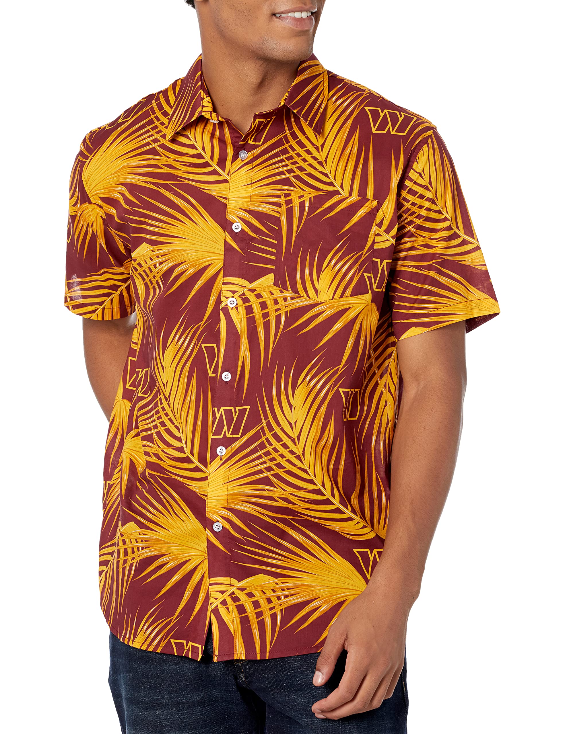 FOCO NFL Mens NFL Team Logo Floral Aloha Tropical Button Up Shirt