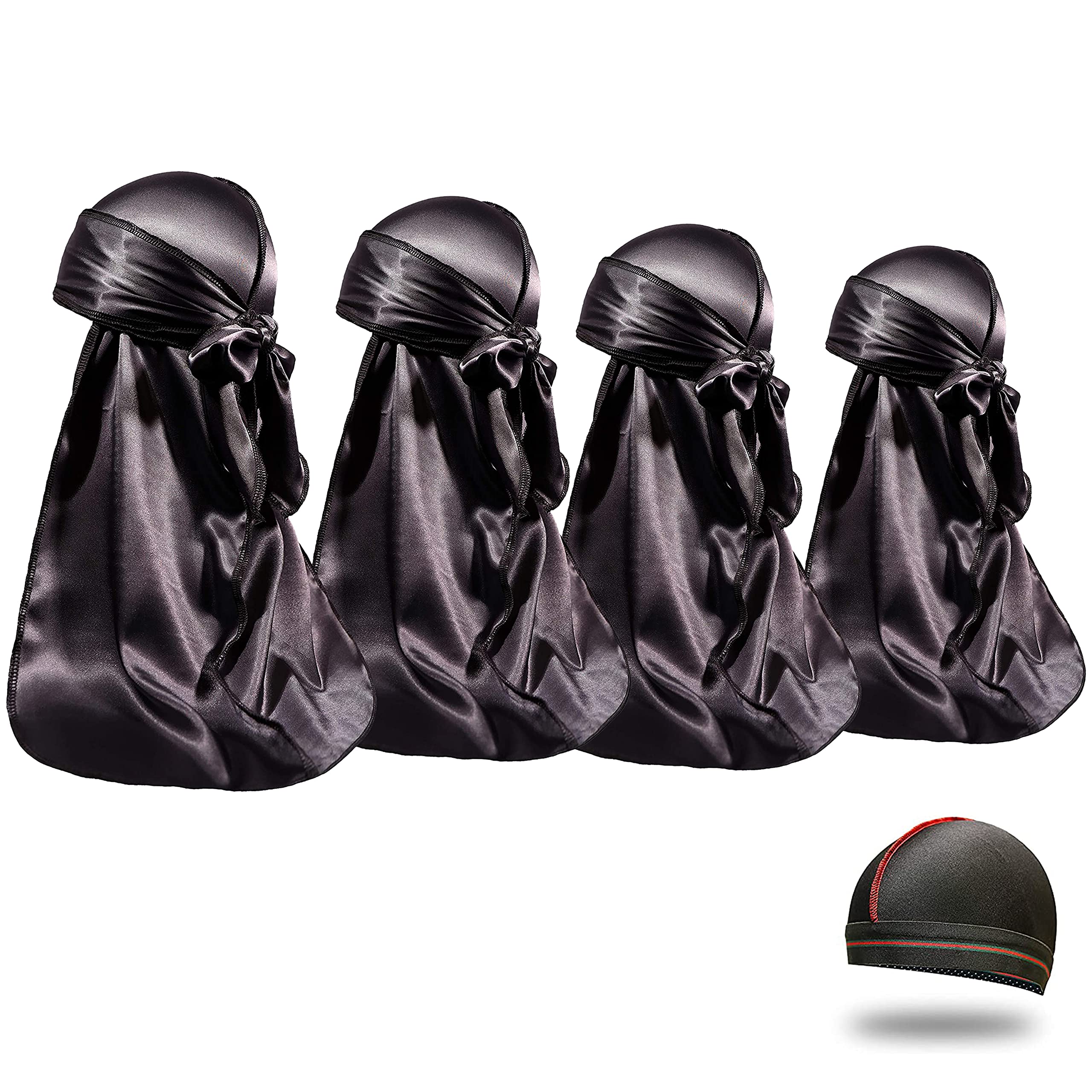 Photo 1 of 4PCS Silky Durags for Men Women 360 Waves with 1 Wave Cap, Silky Satin Durag Extra Long Tails Black Black Black Black
