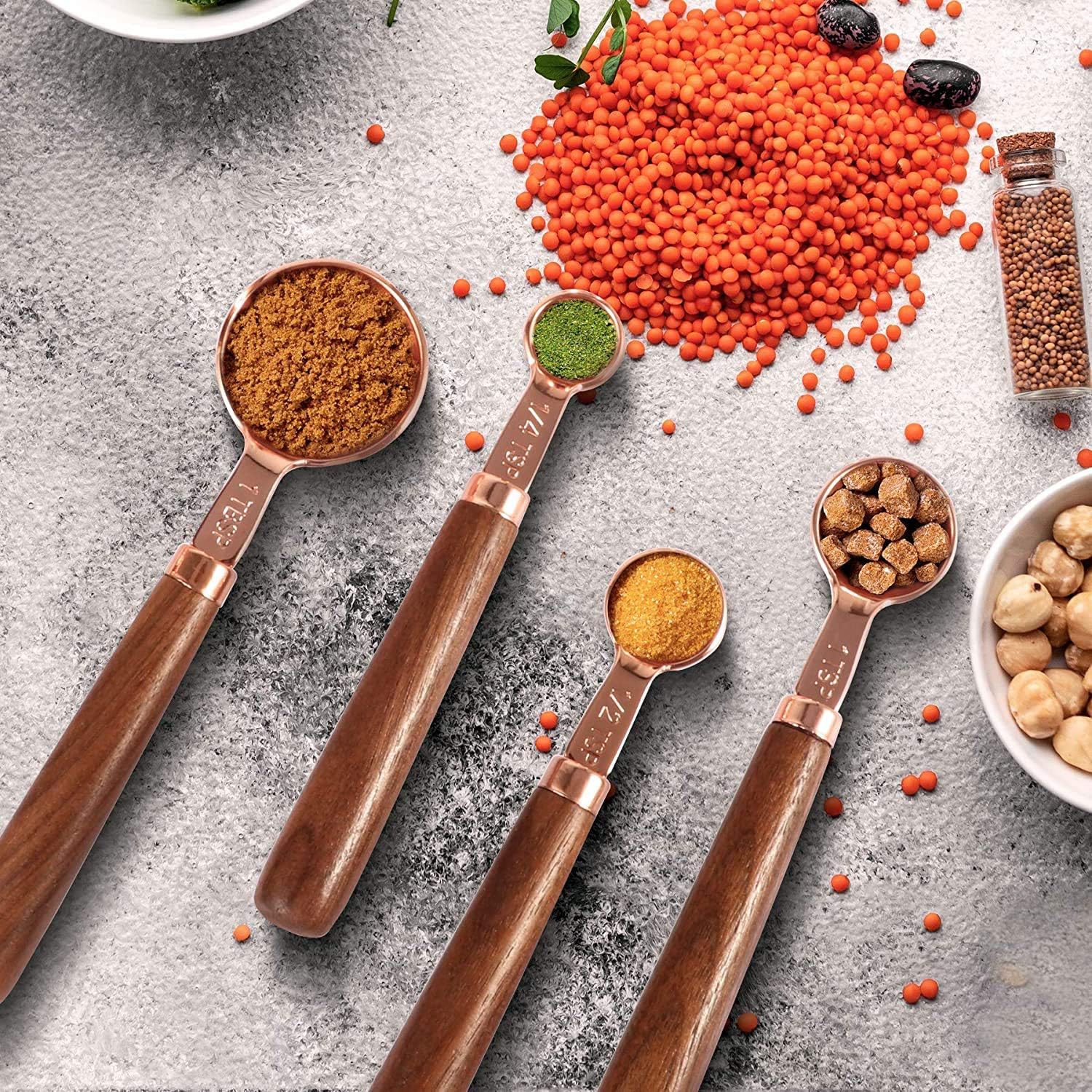 Fesino 8 Pcs Measuring Spoons and Cups Tool Set, Dual Scale Unit, Walnut Handle, Mirror Polished for Dry/Liquid Ingredients Kitchen Cooking Baking Set: Kitchen & Dining