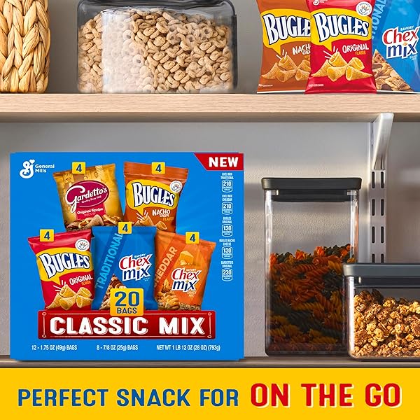 CLASSIC MIX SNACK VARIETY PACK, BUGLES ORIGINAL AND NACHO CHEESE, GARDETTO’S ORIGINAL RECIPE, CHEX MIX TRADITIONAL AND CHEDDAR, 20 CT, 28 OZ