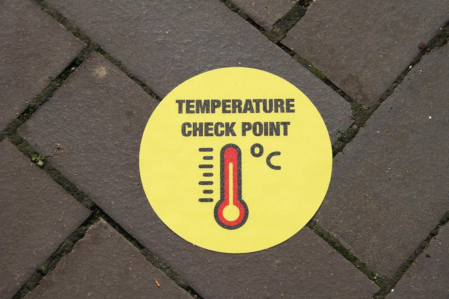Removable Self Adhesive Vinyl"Temperature Check Point" Social Distancing Sign 10cm Diameter, Yellow - Image 5