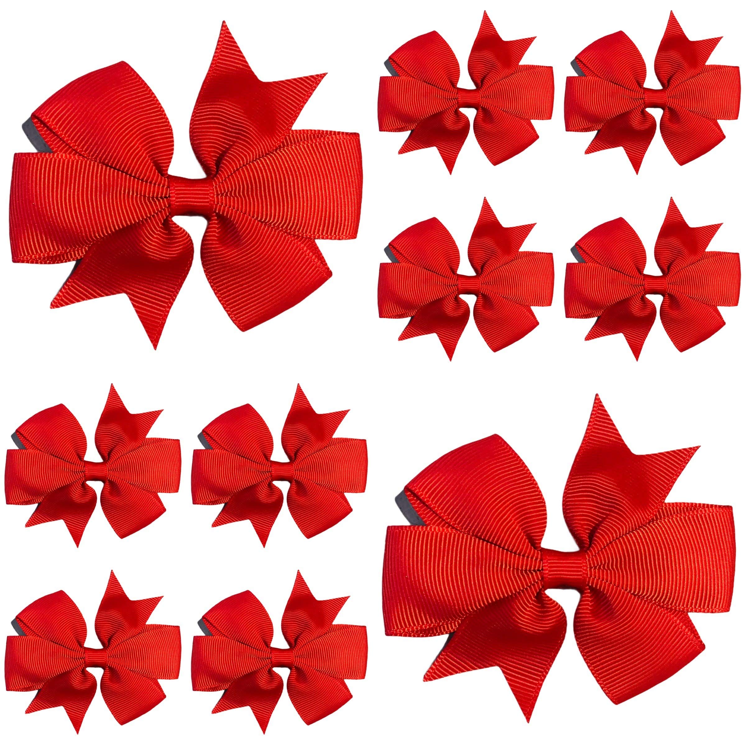 Red Hair Bows for Girls – 3 Inch Grosgrain Pinwheel Ribbon Bows with Crocodile Clips – School Uniform Hair Accessories for Children, Toddlers & Kids - 10 Pack