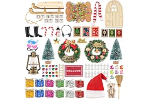 HSJH 77 PCS Doll House Christmas Set Dollhouse Accessories Miniature Figurines Mini Santa Snowman Books String Lights Fence Ducks Yard Gift Box Decor for Pretend Toys DIY Festival Party Fairy Garden