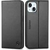 SHIELDON Case for iPhone 15 6.1" 2023, Genuine Leather Flip Wallet Case with [Kickstand] [RFID Blocking Card Holder] [Magnetic] Shock-Absorbent Protection Cover Compatible with iPhone 15 5G - Black