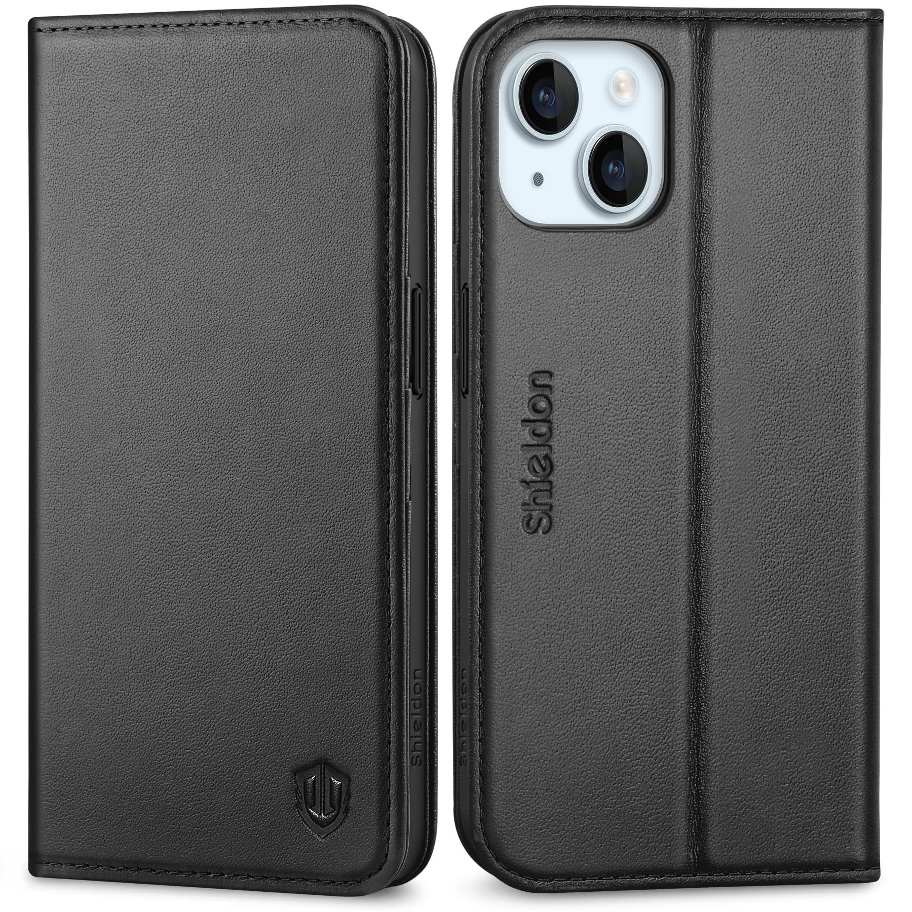 Photo 1 of SHIELDON Case for iPhone 15 6.1" 2023, Genuine Leather Flip Wallet Case with [Kickstand] [RFID Blocking Card Holder] [Magnetic] Shock-Absorbent Protection Cover Compatible with iPhone 15 5G - Black