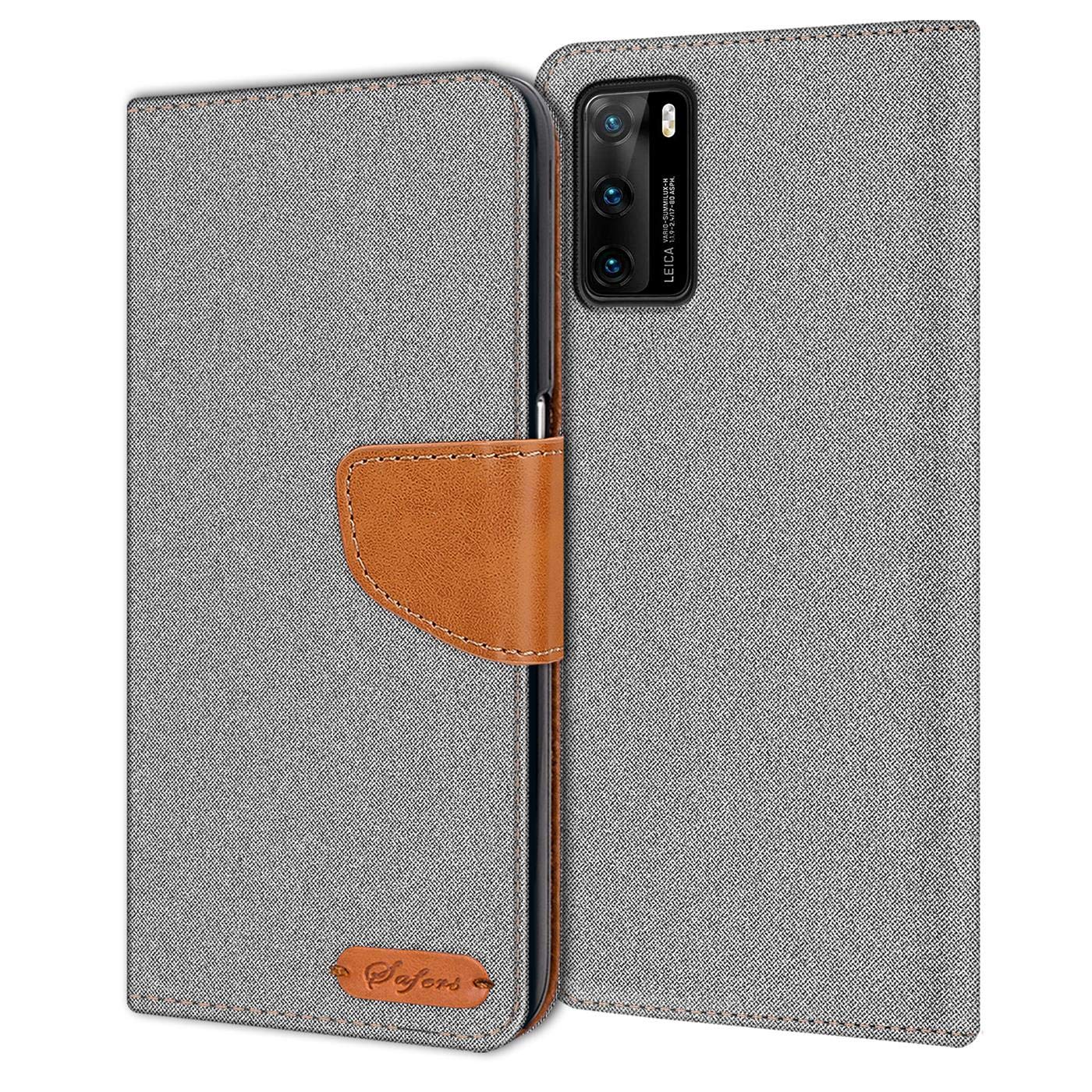 Verco Phone Wallet Case compatible with the Huawei P40, Canvas Faux Leather Book Cover for the P40 Flip Case Bag Hinged - Grey