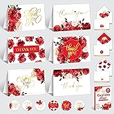 Decorably 24 Pack Gold-Foiled 6x4in Red Thank You Cards with Envelopes & Stickers, 6 Floral Designs for Friends, Family & Loved Ones, Blank Inside - Baby Shower, Wedding, Birthday, Gifting, Mailing