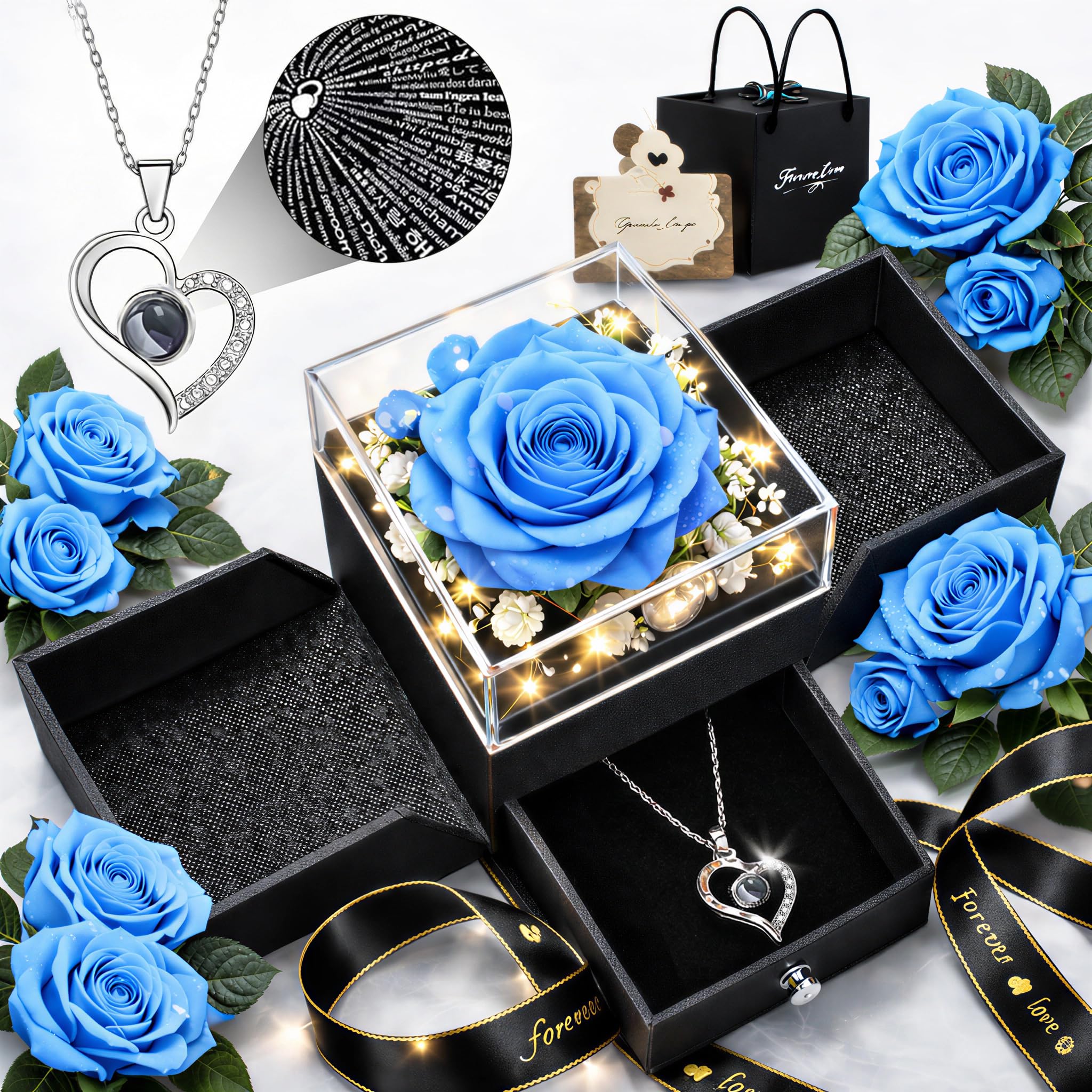 cdco Preserved Rose Gift Box with Heart Necklace for Women, I Love You in 100 Languages, Mothers Day Gift for Mom/Wife, Anniversary or Birthday Gift for Her Image