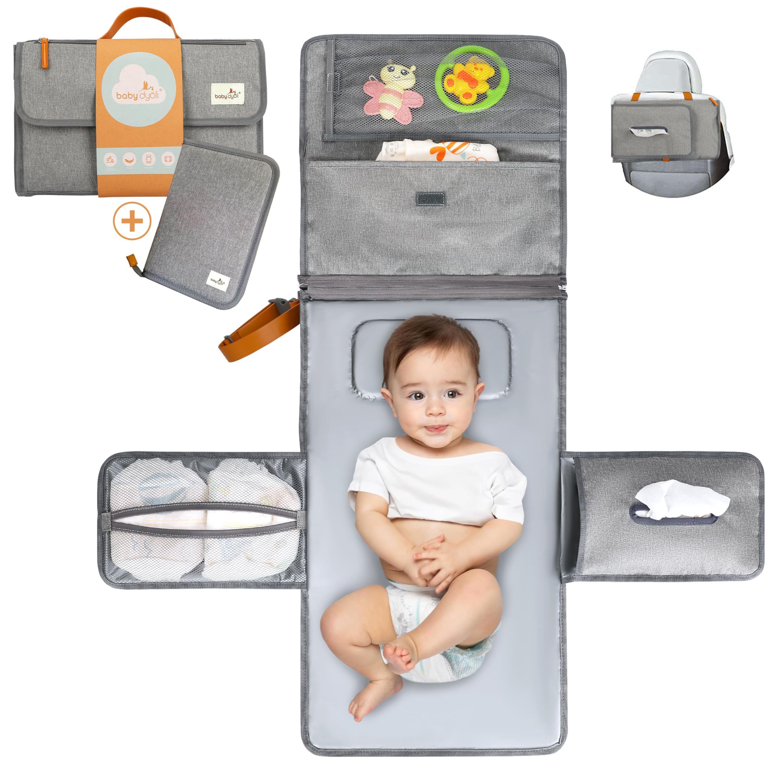 XL Portable Baby Changing Mat The Nappy Changing Pad is a Detachable Bag with 6 Pockets as a Baby Items Toiletry Bag Waterproof Foldable Changing Mat Gift for Newborn (Pack Extra (Gris))