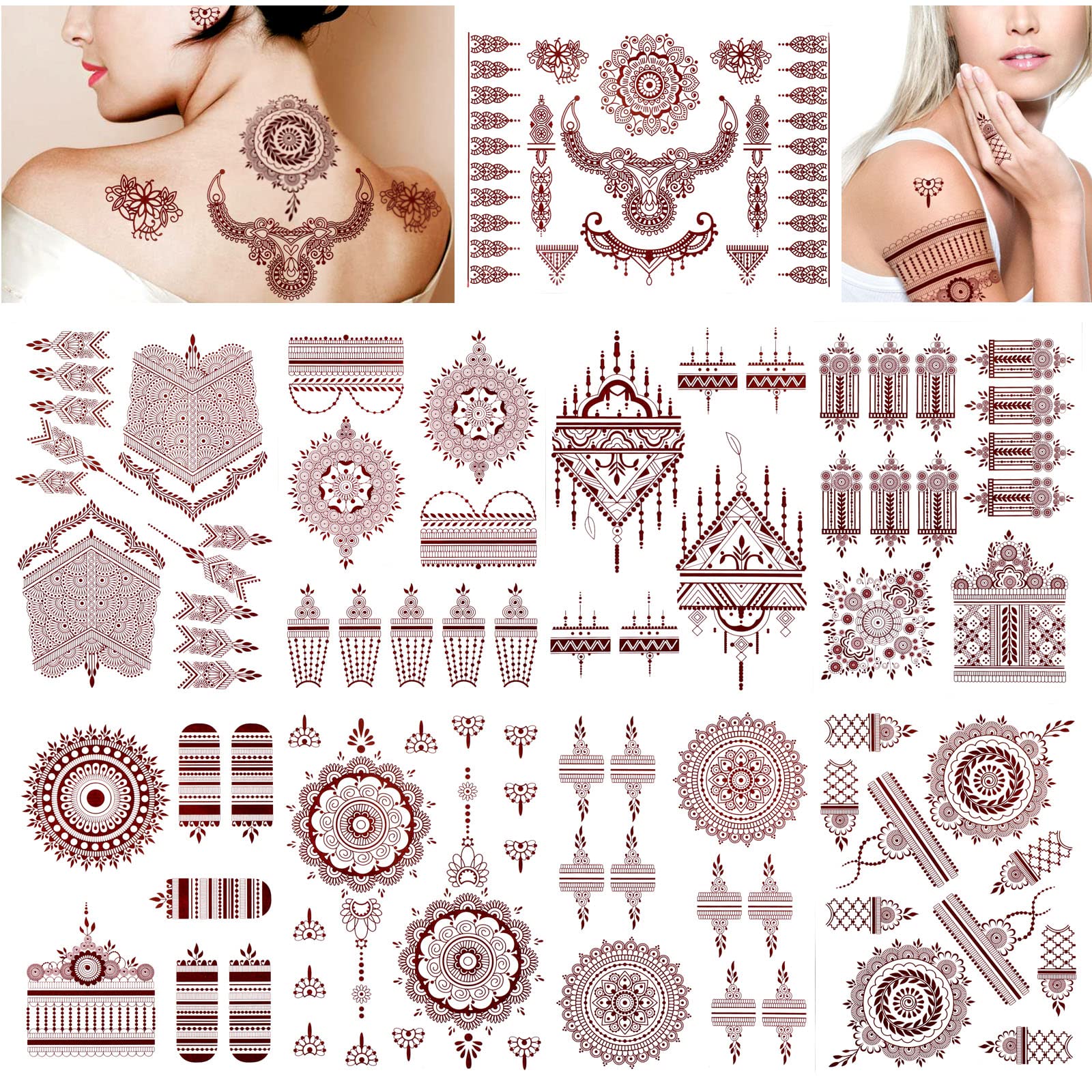 DPKOW Brown Red Temporary Tattoos for Woman Girls, 9 Sheets Mandala flower Tattoo Stickers Indian Lace Tattoo for Hand Arm Body Art, Waterproof Fake Temporary Tattoos Stickers for Eid al-Fitr Wedding