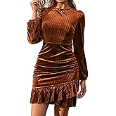 Simplee Womens Velvet Bodycon Mini Dress Long Sleeve Ruffle Hem Fall Winter Cocktail Dresses for Party Holiday Events