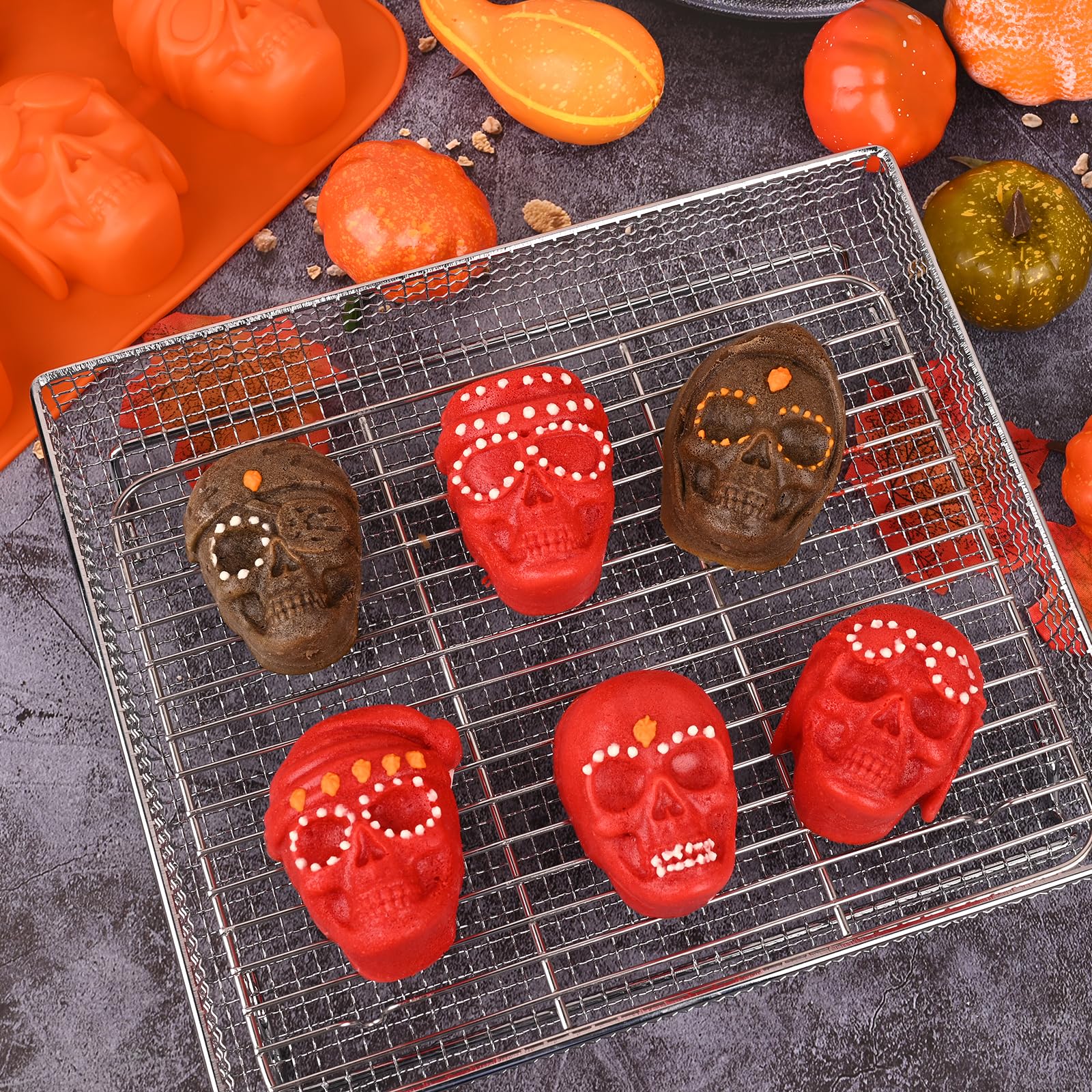 HUAKENER 2 Pack Skull Cake Pan, 6 Cavity Skull Cake Molds, Silicone Skull Baking Pan for Mini Cakes, Chocolate Bomb, Pudding, Halloween Baking