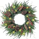 24’’ Real Touch Norfolk Pine Wreath Artificial Christmas Green Wreath for Front Door with Red Berries Pinecones Christmas Decorations for Winter Farmhouse Wall Indoor Outdoor Home Holiday Xmas Decor