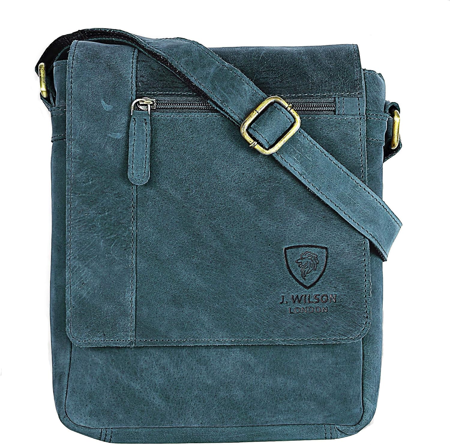J. Wilson London 100% Pure Genuine Real Vintage Hunter Leather Handmade Mens Leather Flapover Everyday Cross-Body Shoulder Work Messenger Bag (Distressed Blue)