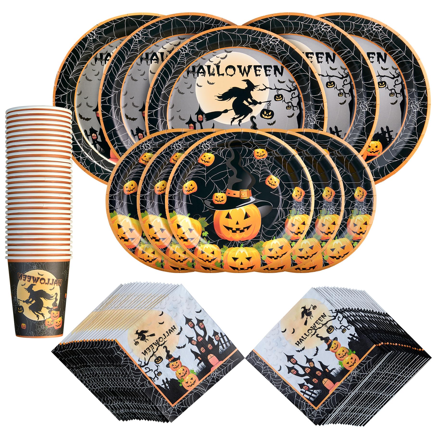Photo 1 of Heaubls 100Pcs Halloween Paper Plates and Napkins, Halloween Party Decorations Supplies Set for Orange Black Pumpkin Skeleton Witch Spooky Disposable Party Dinnerware Serves 25