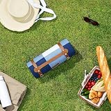 VonShef Picnic Blanket Blue White Tartan 180x147cm Waterproof Backing view 6