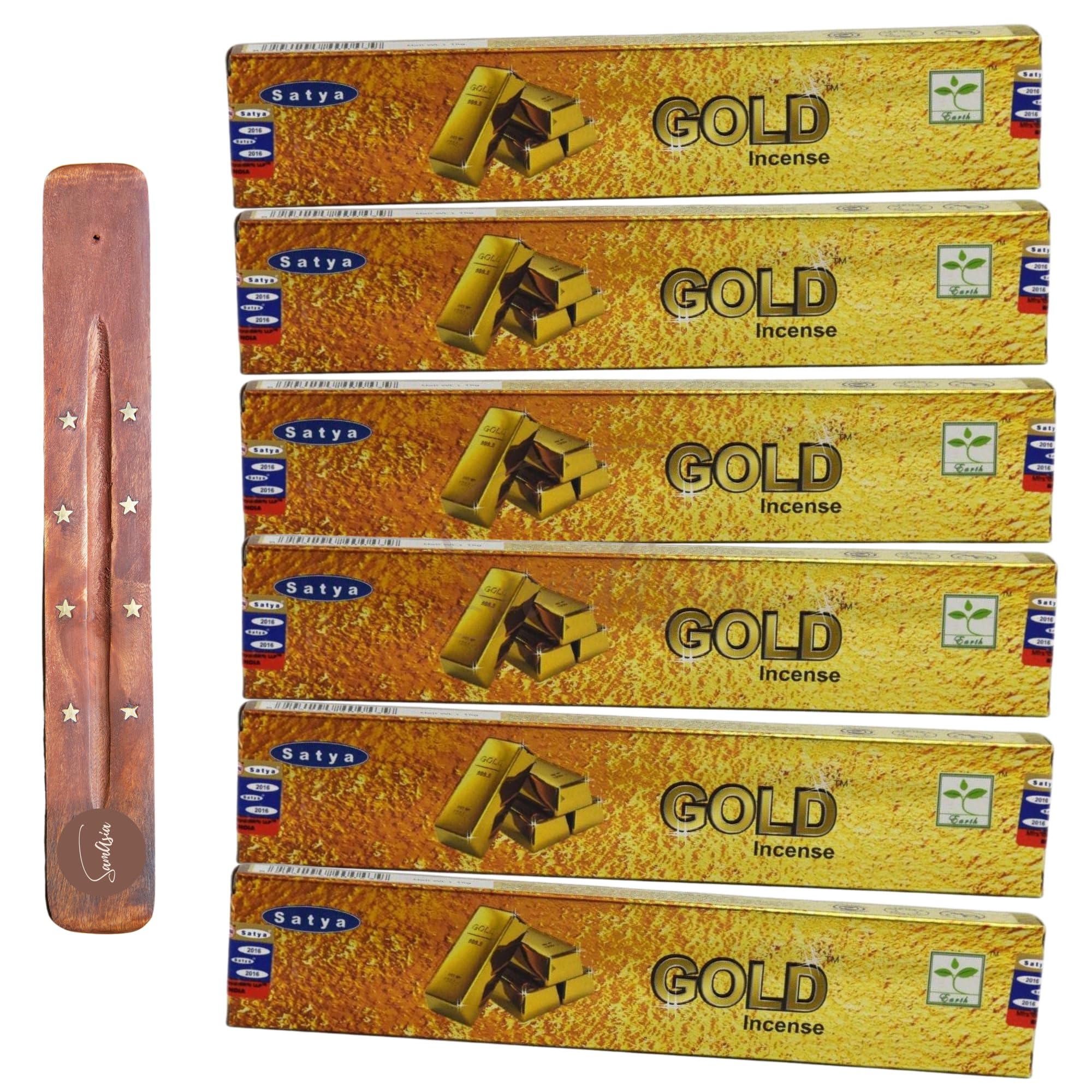 Satya Nag Champa Gold Incense Sticks | x6 pack | with SAMASIA incense sticks holder | Used for Aromatherapy, Spa, Yoga, Weddings, Meditation, Healing, Positivity and Relaxation
