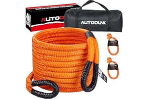 AutoDunk 7/8" x 30' Kinetic Recovery & Tow Rope (28,600lbs), with 2 Soft Shackles (28,600lbs) Offroad Recovery Kit for 4WD Pick Up Truck, SUV, ATV, UTV (Orange)