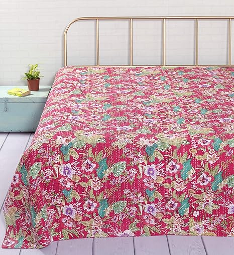 Amazon Co Jp Handicraft Palace クイーンカンタワークベッドスプレッド インディアン100 コットン生地キルト ベッド装飾 ダブルグダリ 手作り寝具 サンガネリプリントキルト ピンク ホーム キッチン
