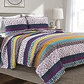 Lush Decor Boho Stripe Reversible Cotton Quilt 3-Piece Set, Full/ Queen, Plum & Yellow - Bold Colorful Bohemian Bedding Set