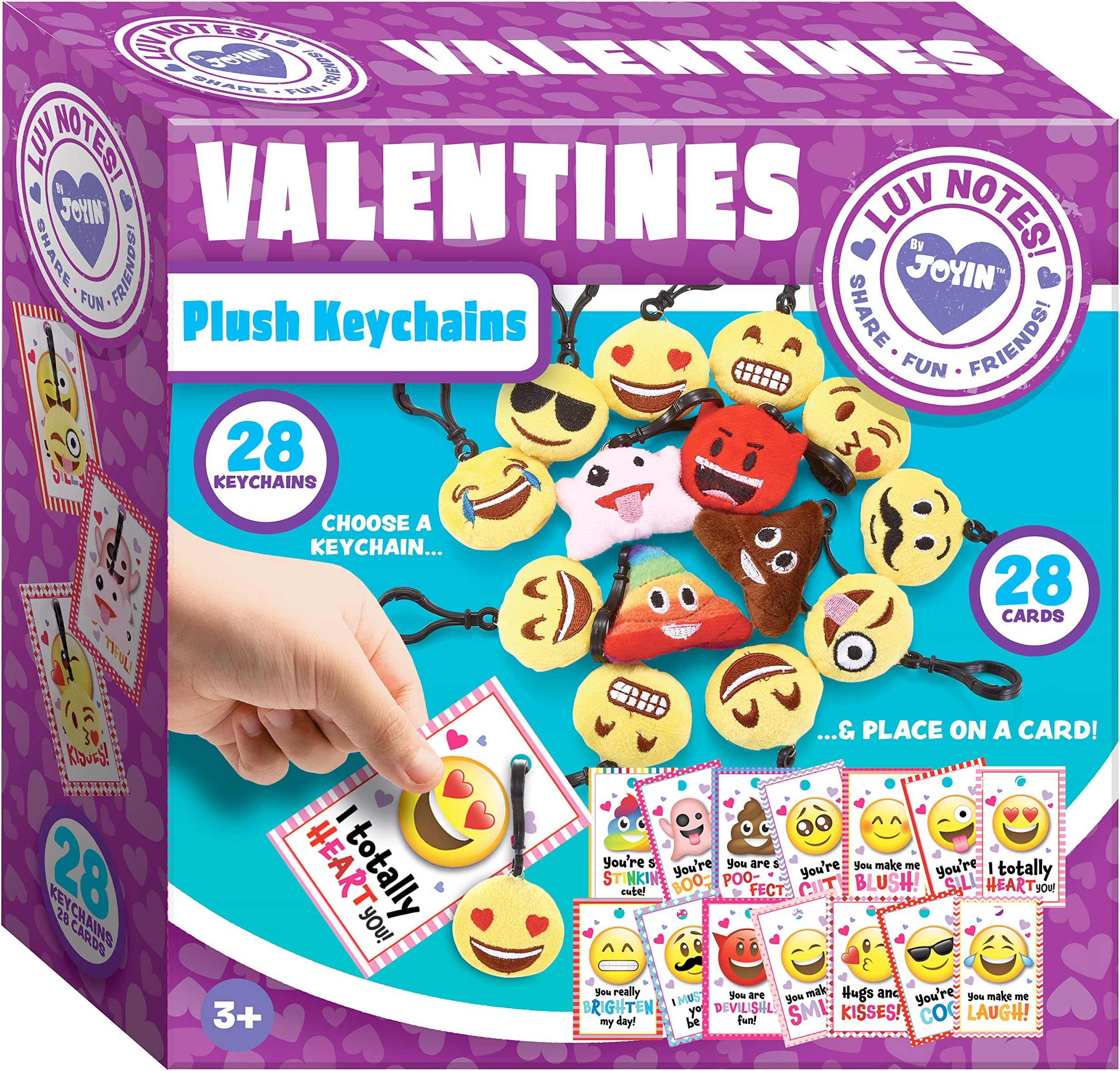 JOYIN 28 Packs Valentines Day Gifts Cards for Kids with Emoji Plush Key-chain Valentine Classroom Exchange Party Favor