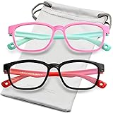 Kids Blue Light Blocking Glasses Silicone Flexible Square Eyeglasses Frame with Glasses Rope, for Children Age 3-10