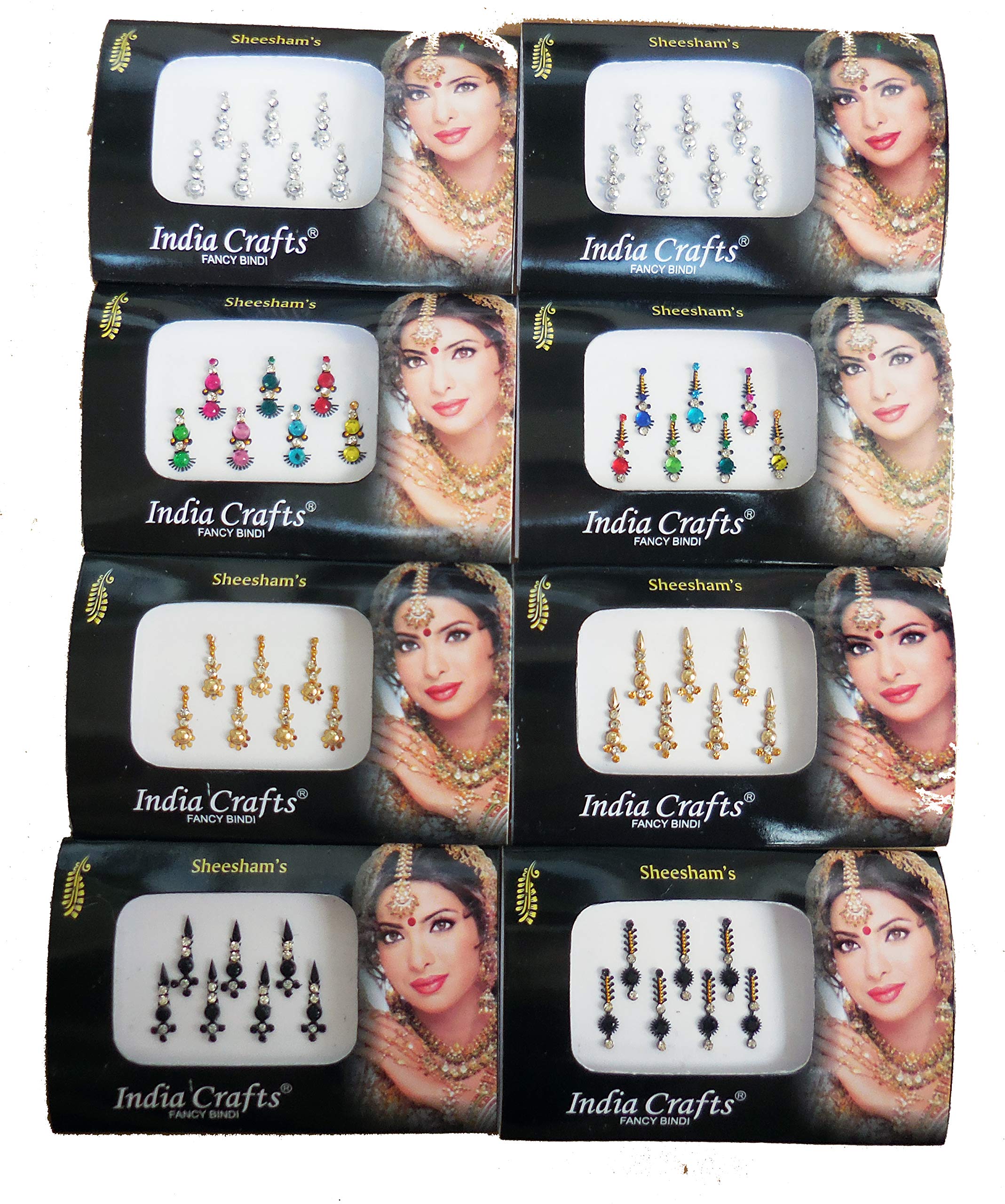 8 Packs- 56 Bindis Combo of Silver/Gold/Black/Multicolored Face Jewels Bollywood tika