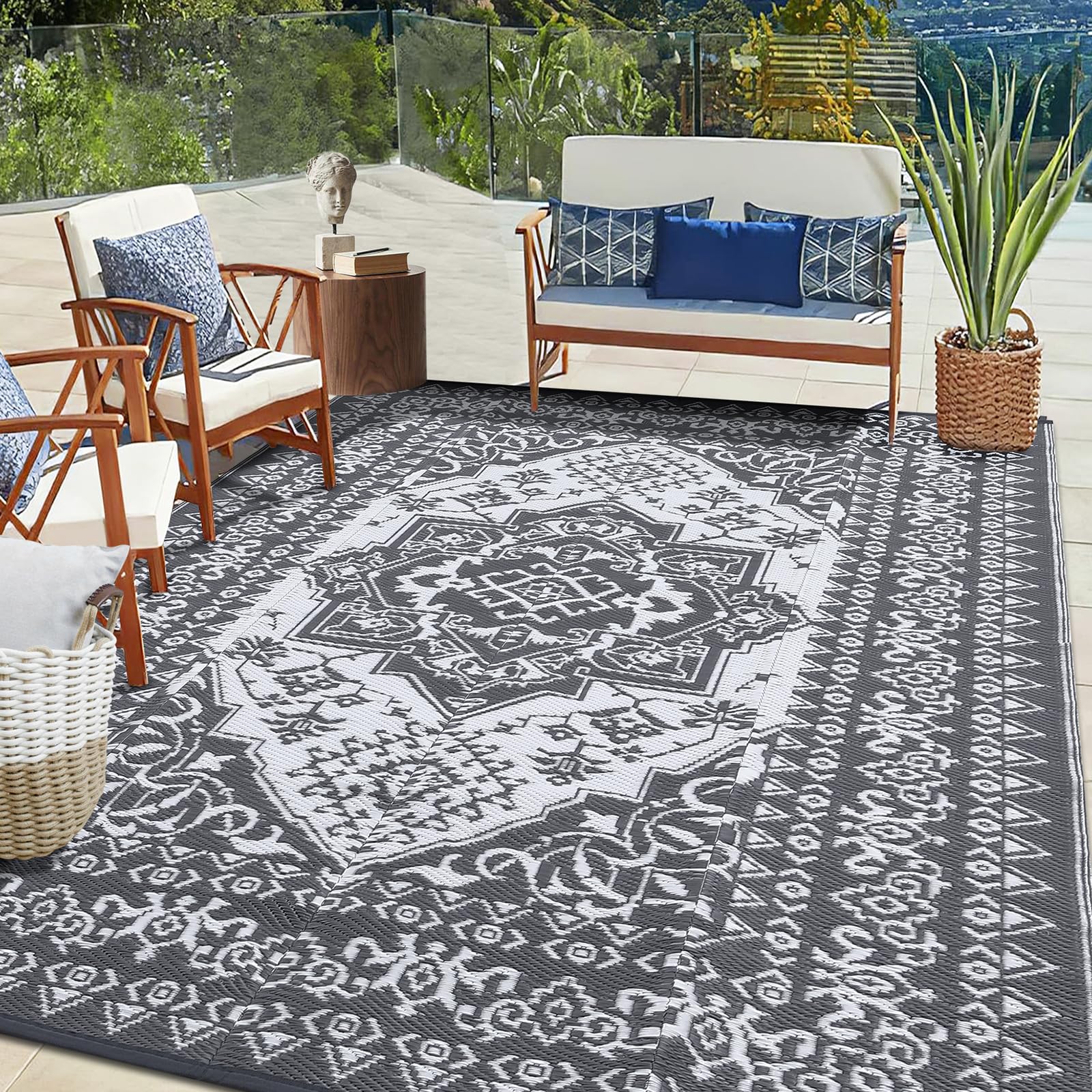 GarveeHome Outdoor Rug Waterproof Outdoor 5×8 Plastic Straw Rug for Patios Vintage Reversible Camping Carpet, Small Outdoor Mat for RV, Picnic, Backyard, Deck, Balcony, Porch, Beach, Grey&White 5’x8′