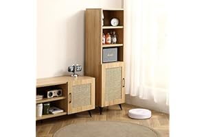 NicBex 56" Rattan Mesh Kitchen Pantry Storage Cabinet with 1 Cabinet and 2 Storage Shelves,Tall Freestanding Kitchen Cupboard Buffet Cabinet for Dining Room,Bathroom,Kitchen,Oak