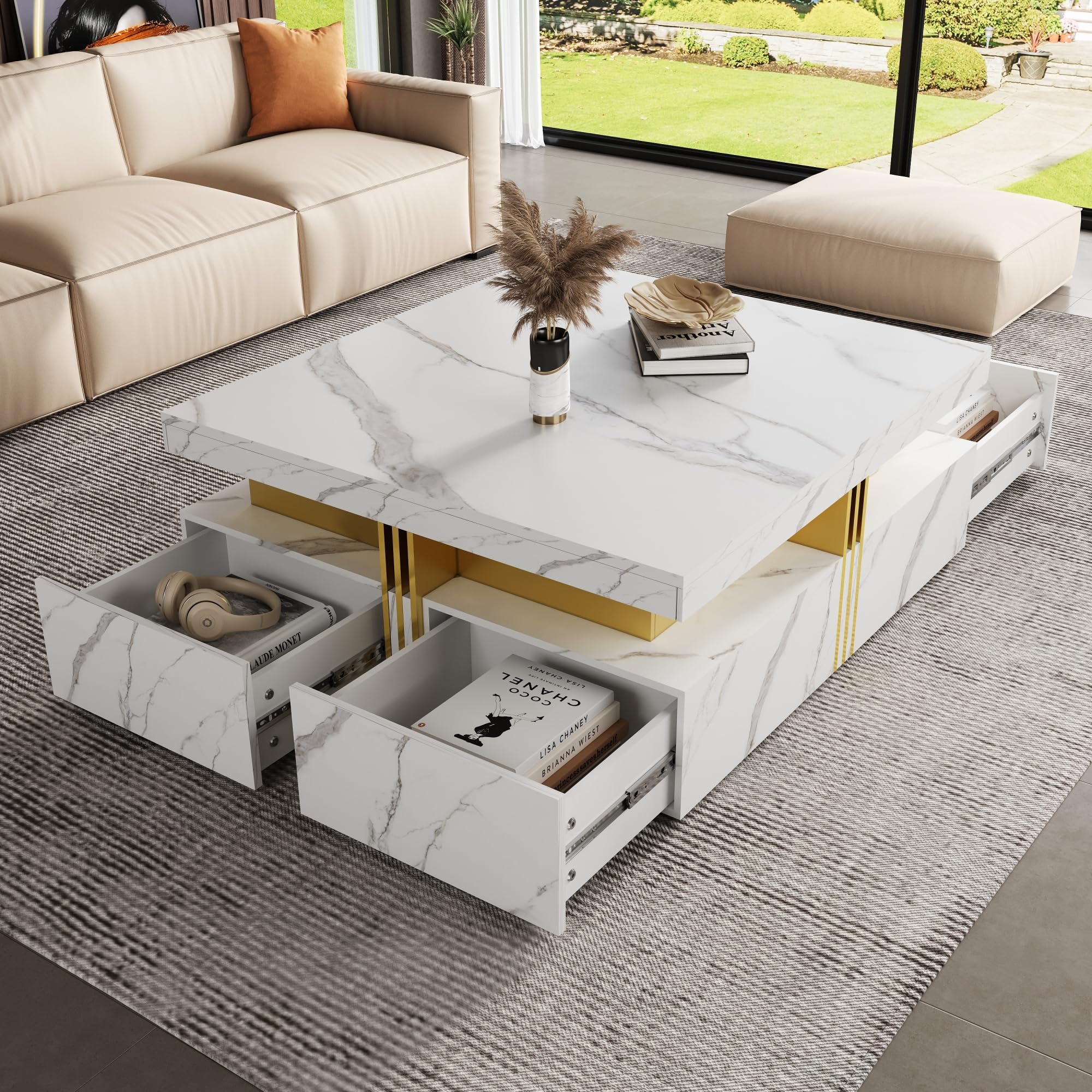 Photo 1 of **BOX 1 OF 2 ONLY***Merax 43.3" Modern Square Storage Coffee Table with 4 Drawers, with Marbling Gold Accents, Functional Center Tables for Living Room Apartment, White