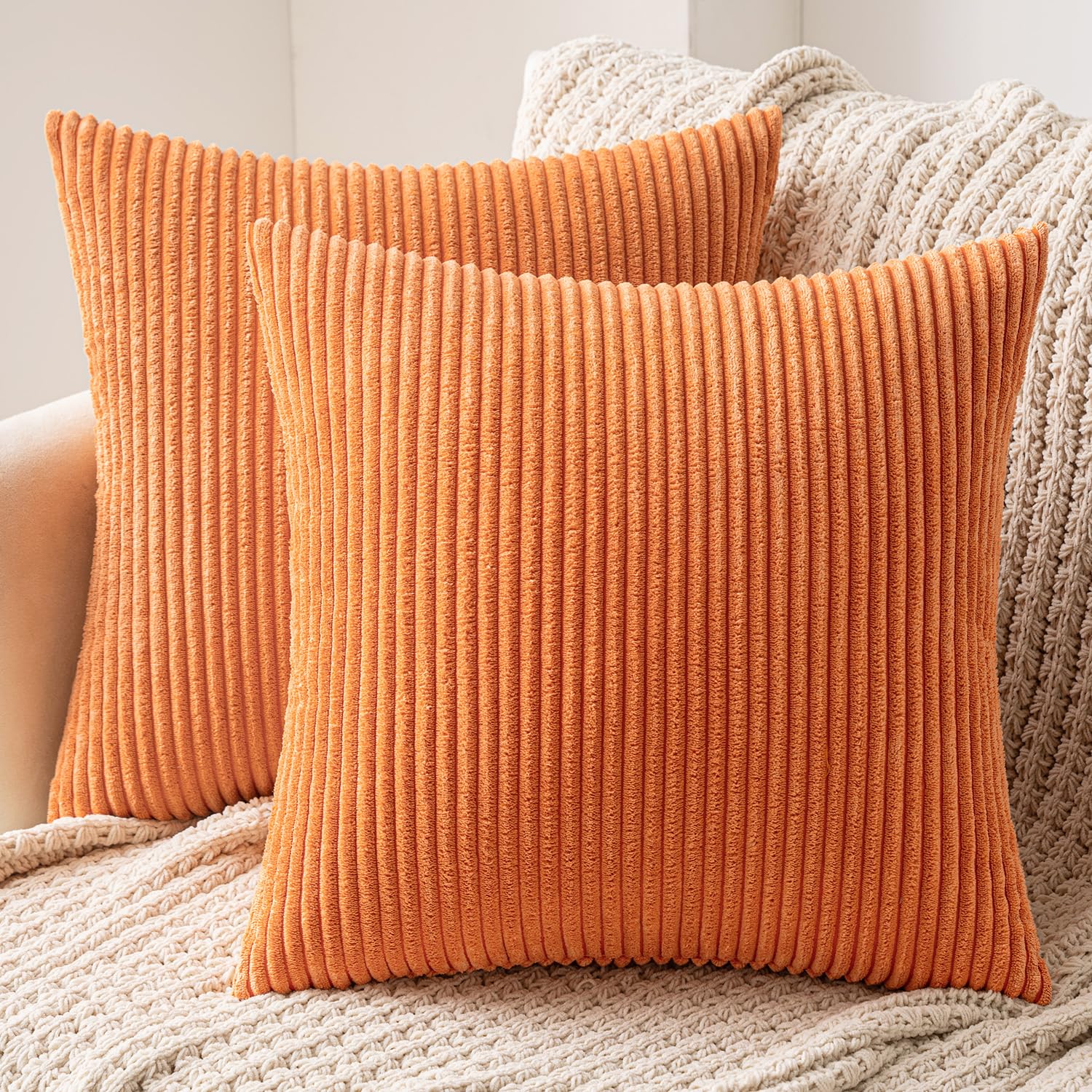 MIULEE Set of 2 Striped Corduroy Square Throw Pillow Case Soft Cushion Covers Sham Home for Sofa Couch/Bedroom Decorative Fluffy Large Pillowcases 18x18 Inch 45x45cm Orange — image 1