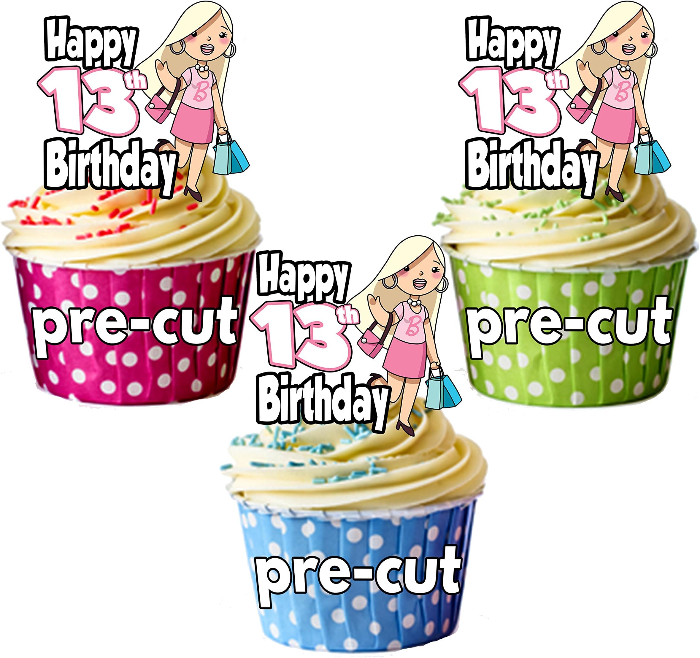 PRECUT Glamour Shopping Handbags - 13th Birthday Girl - Edible Cupcake Toppers/Cake Decorations (Pack of 12)