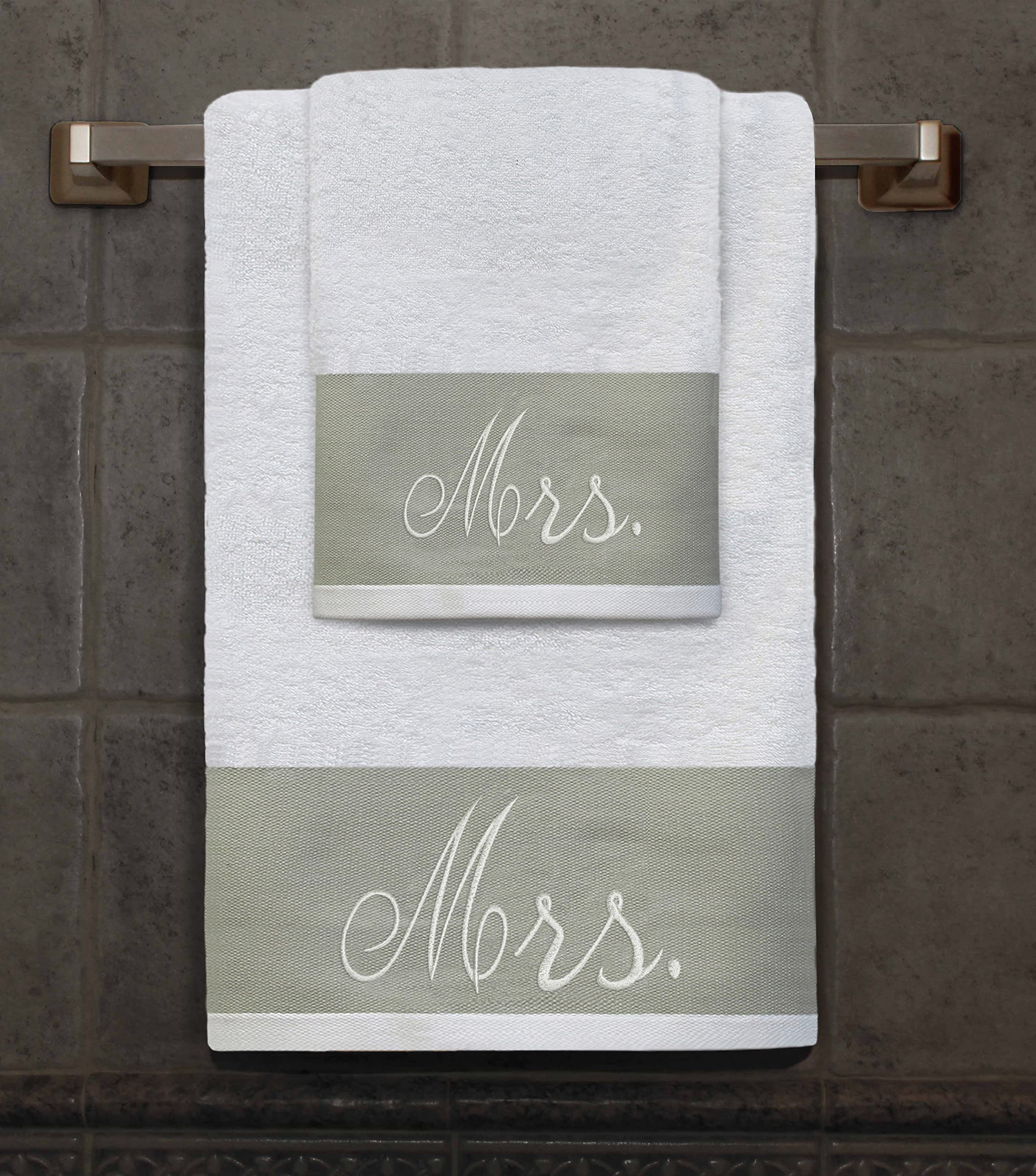 Premium Hotel & Spa Mrs 2 Piece Towel Set - Perfect for Wedding, Anniversary, Engagement - 1 Bath and 1 Hand Towel 100% Cotton Luxurious Embroidered Soft and Highly Absorbent (White, Mrs)