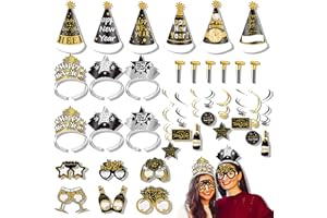 YoneJave 32Pcs 2026 New Year Party Favor, New Year Headband Fringed Noise Makers Glasses Black Gold Silver Cone Hats