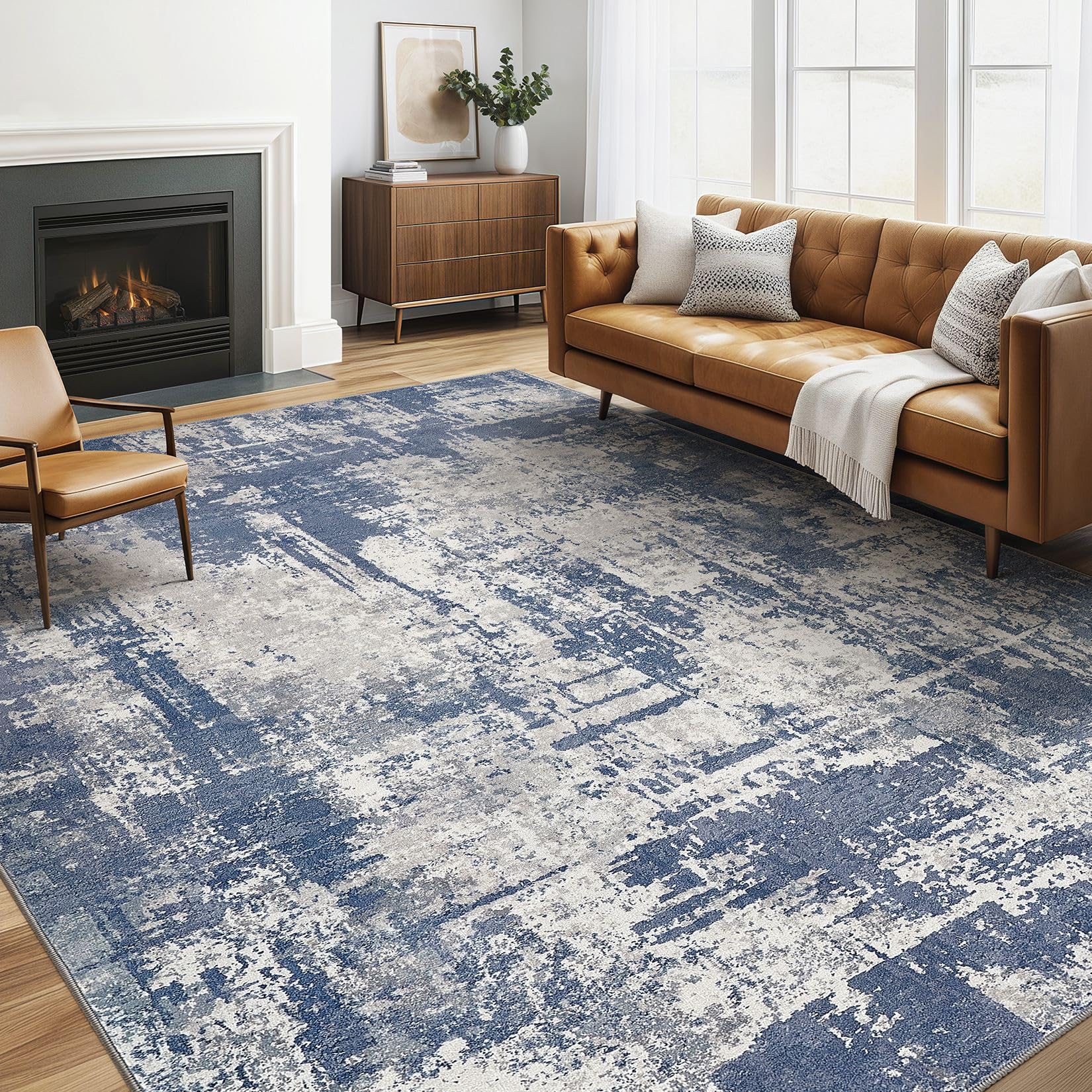 Area Rug Living Room Rugs: 5x7 Washable Large Abstract Modern Soft Stain Resistant Indoor Floor Non Slip Accent Carpet for Bedroom Nursery Playroom Dining Room Office Dorm Home House- Navy Grey Image