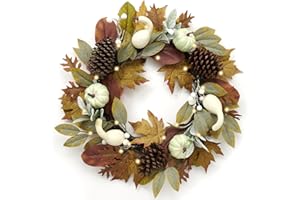 DECOR BY HANNAH DecorbyHannah Collapsible Fall Wreaths for Front Door, 22 inch Pre-Lit Autumn Wreath with Green Pumkin and Pinecone for Harvest Thanksgiving Home Wall Window Indoor Outdoor Decor