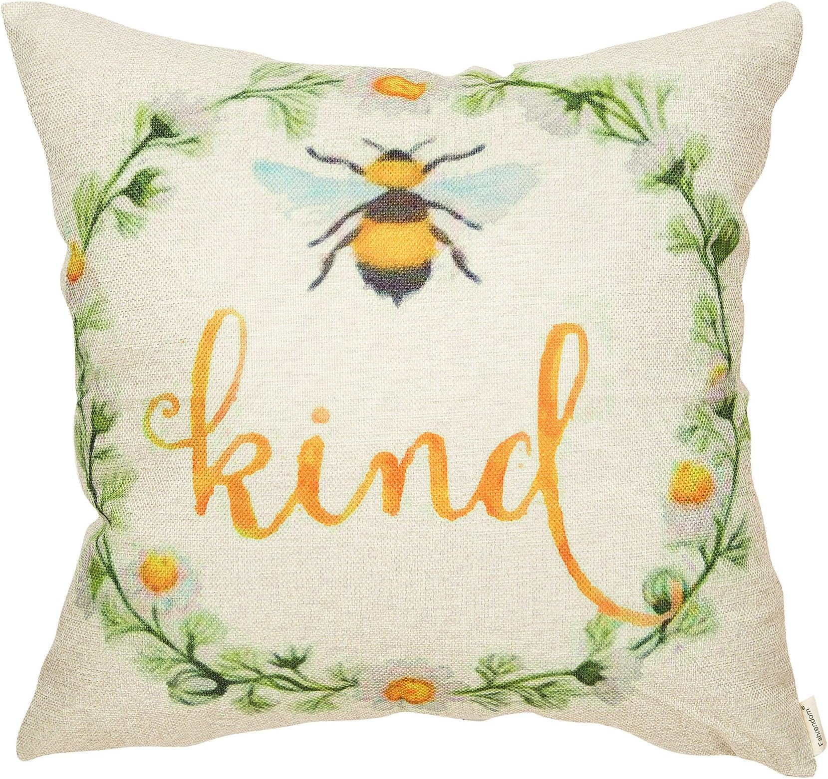 Fahrendom Girl Nursery Bee Kind Daisy Wreath Inspirational Quote Cotton Linen Home Decorative Throw Pillow Case Cushion Cover with Words for Sofa Couch 18 x 18 in