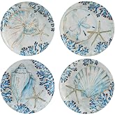 Certified International Playa Shells 8.5" Ceramic Salad &amp; Dessert Plates Set of 4 &ndash; Ocean Coastal Shell-Themed Plates for Lunch, Fruit, Appetizers, Cake, Side Dishes &amp; Summer Entertaining