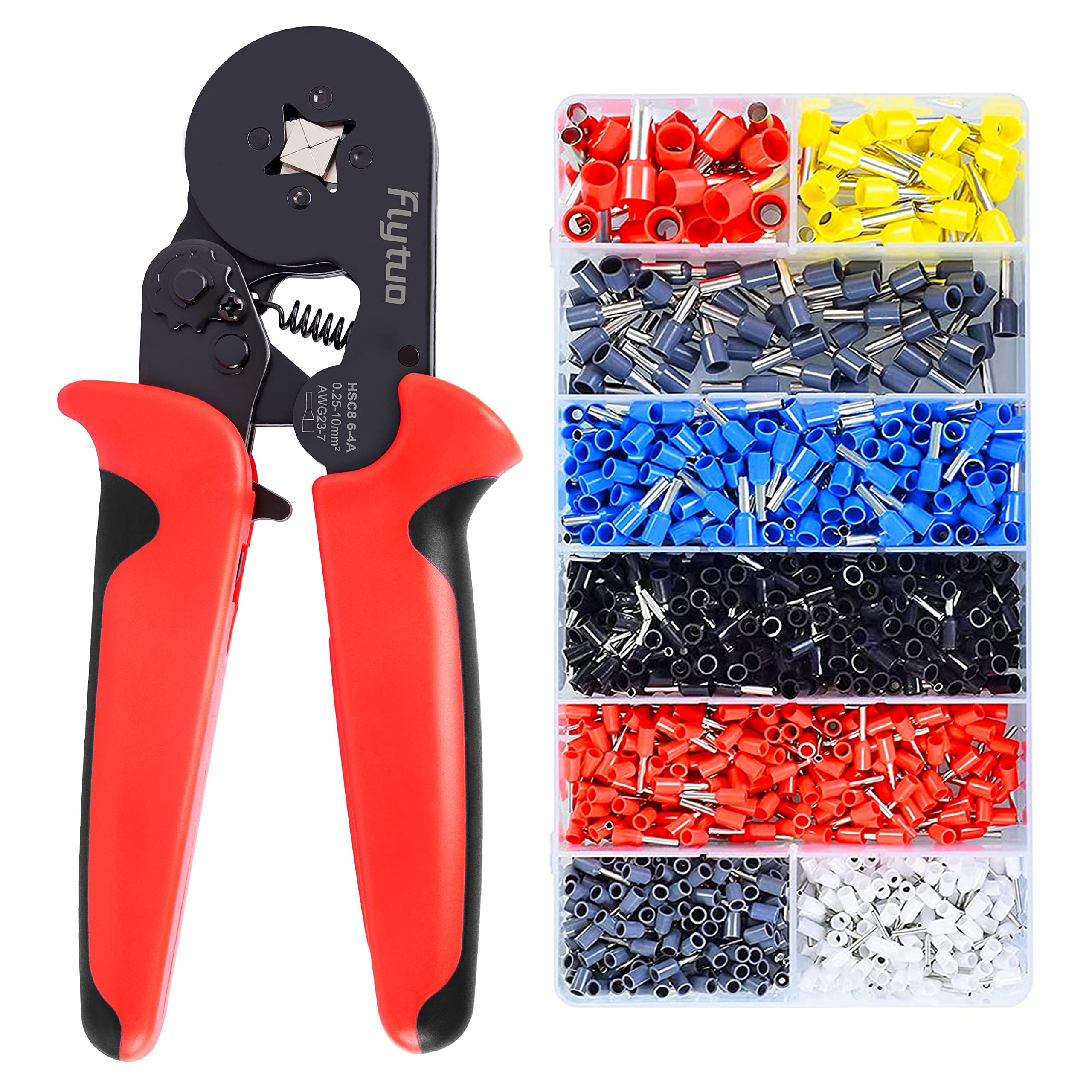 Flytuo Ferrule Crimping Tool Kit with 1200PCS Connectors, 0.25-10mm²(AWG 23-7) Self-Adjustable Ratchet Wire Crimper HSC8 6-4A, 8 Types of Terminals, Electrical Wire Cable Lug Crimp Plier Kit