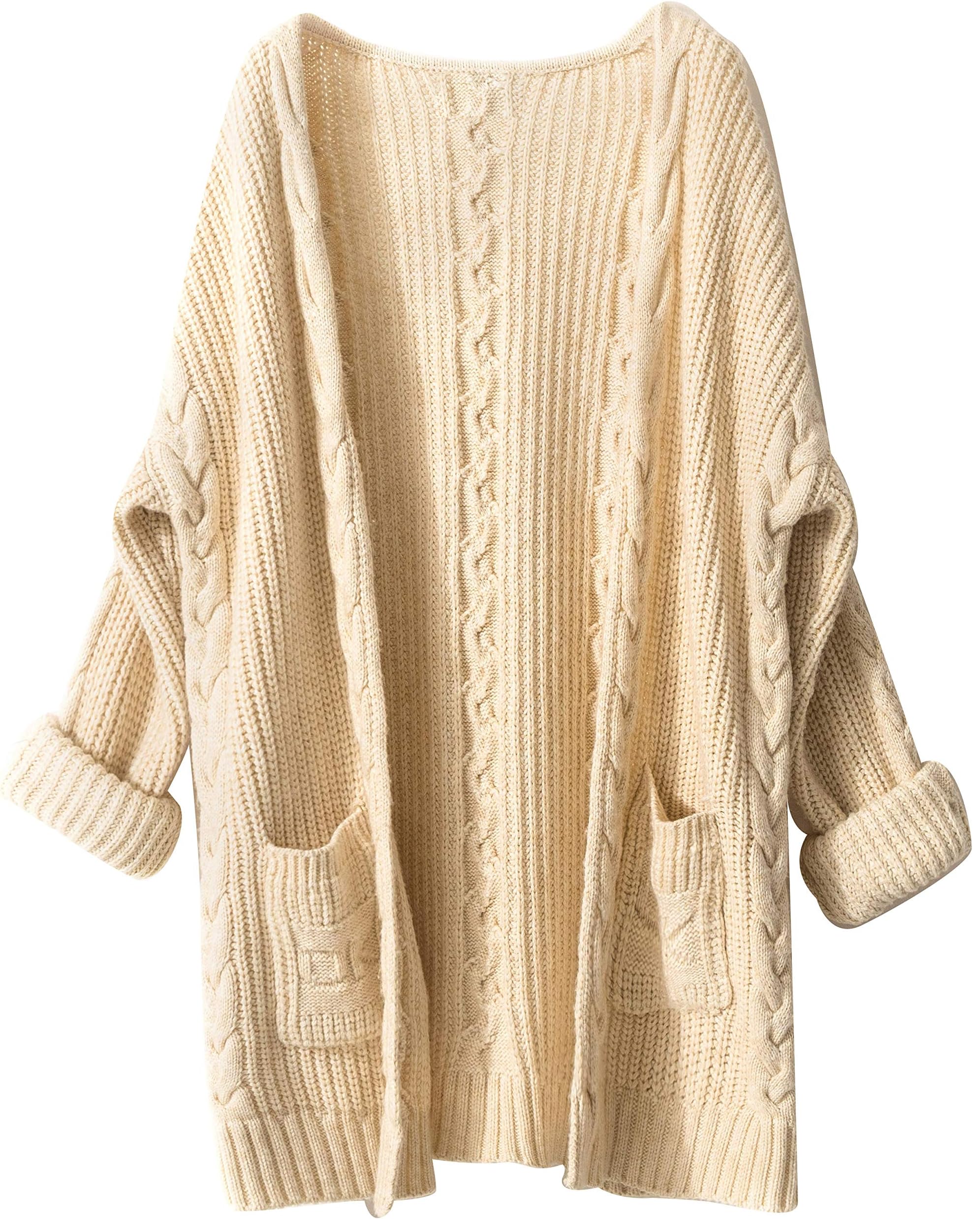 Women's Cashmere Loose Casual Long Sleeve Open Front Oversized Cardigan Sweater Wool Coat Sherpa Jacket with Pockets (M, Beige)